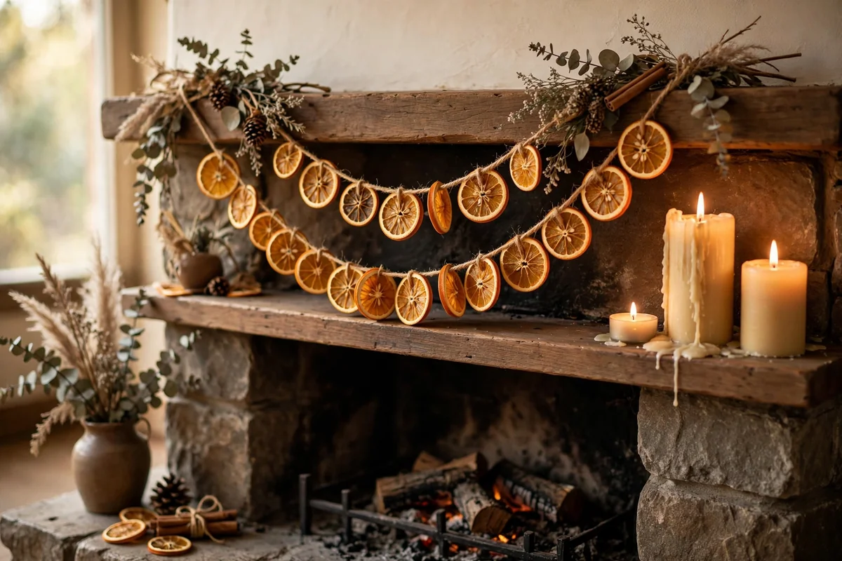 Garland of dried orange slices on twine draped across a mantel