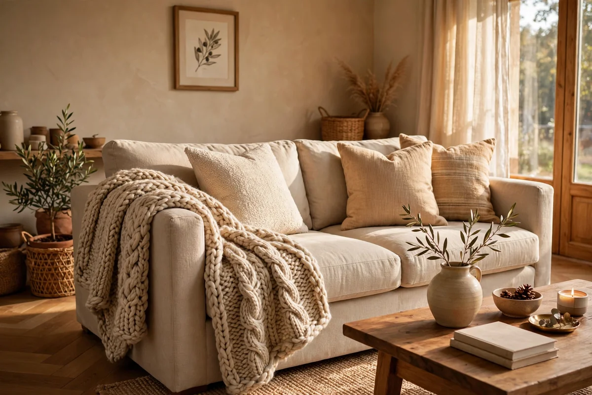 Chunky knit wool throw in oatmeal draped over a living room sofa