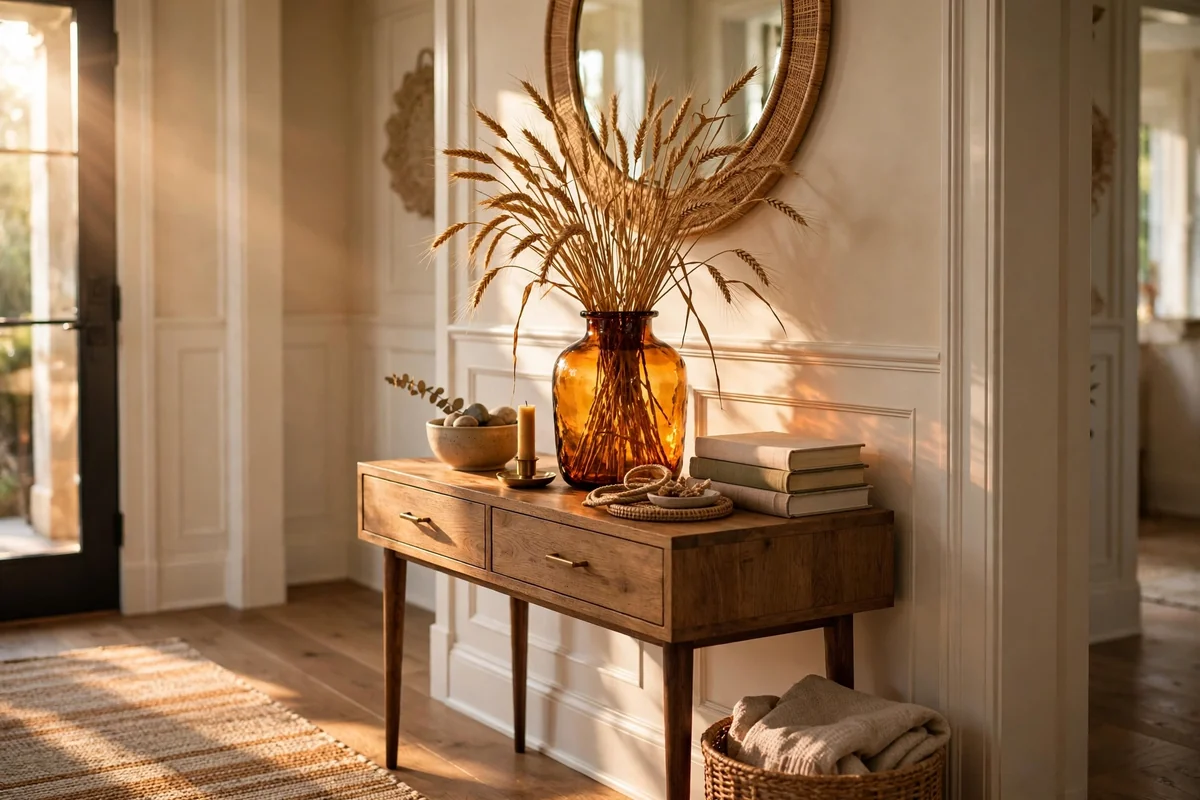 Amber glass vase with dried wheat stems on an entryway console