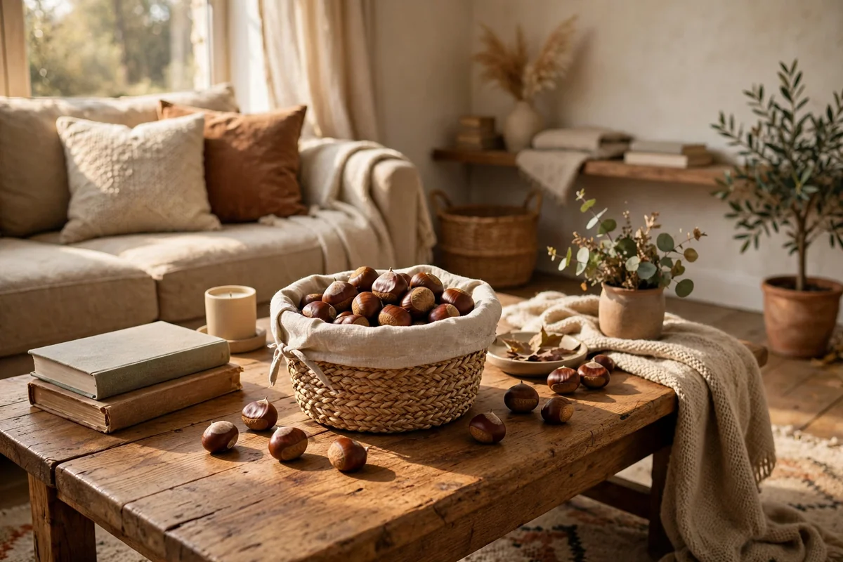 Woven seagrass basket filled with chestnuts on a coffee table