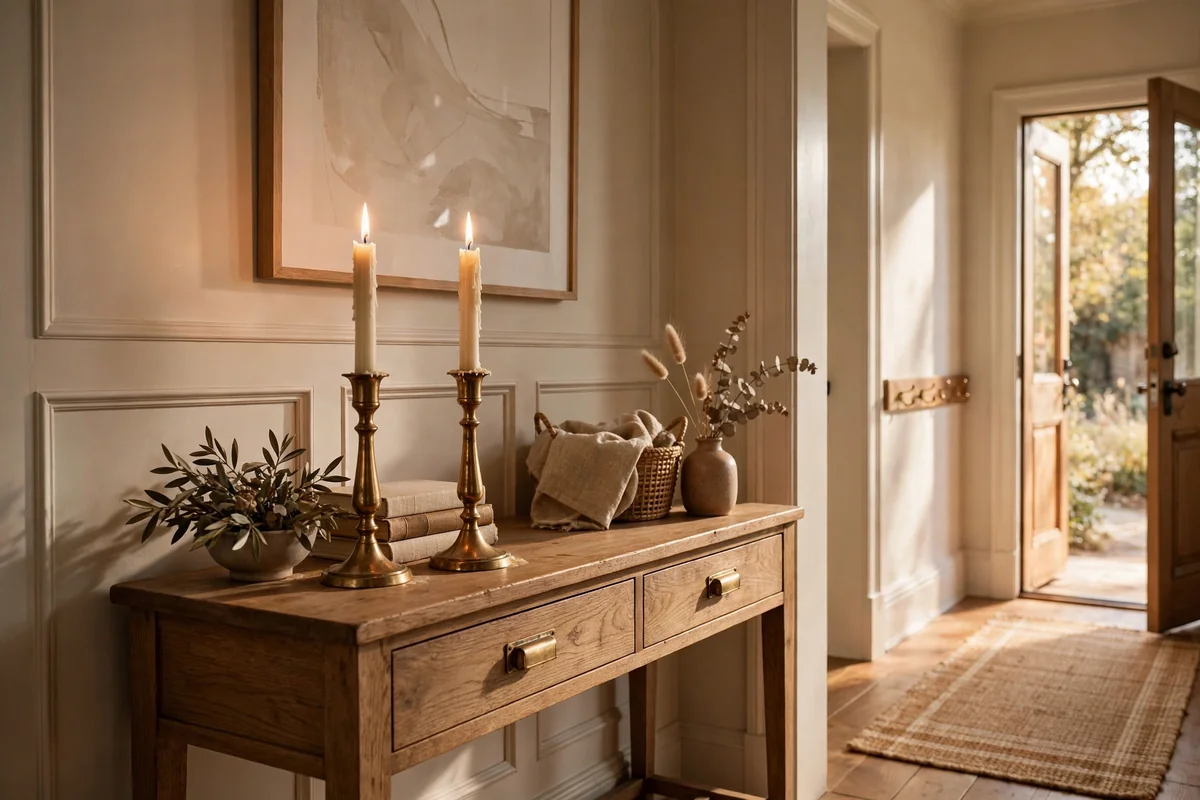 Unlacquered brass candlesticks glowing on a hallway console table