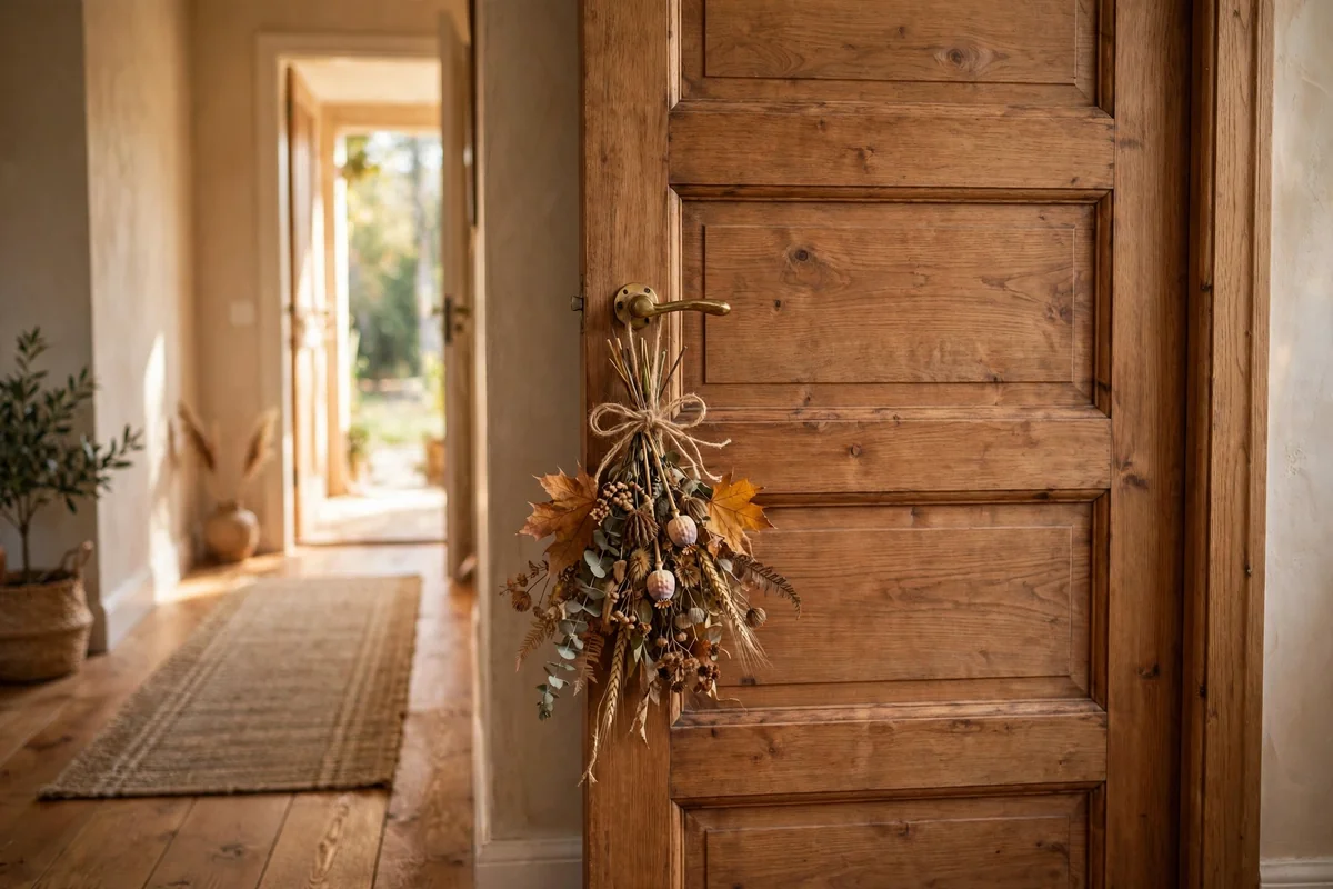 Mini autumn swag of dried leaves tied on an interior door handle