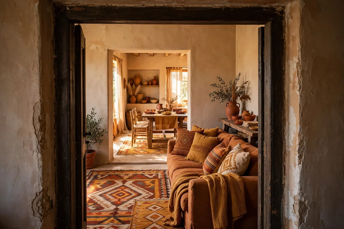Rooms linked by repeated rust and ochre accents in textiles and decor