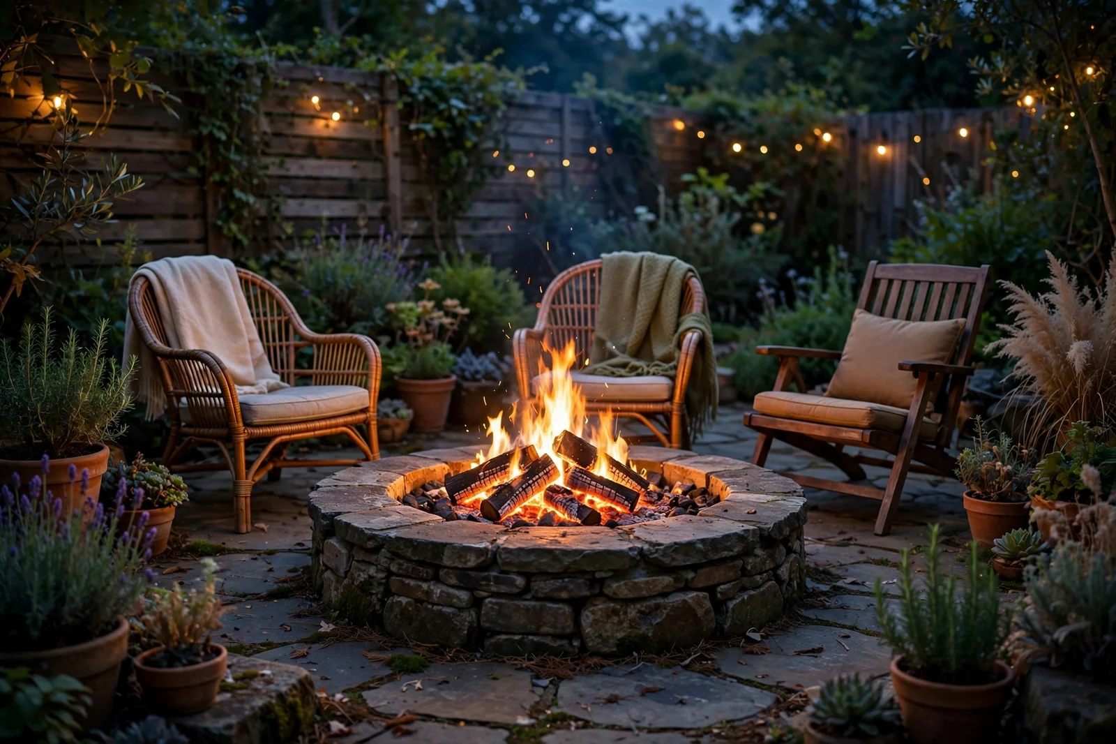 Cozy garden fire pit with stone surround and chairs at dusk