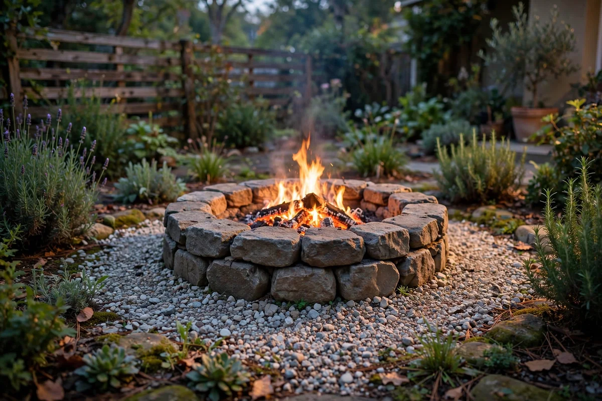 Simple stone fire pit with gravel base in garden