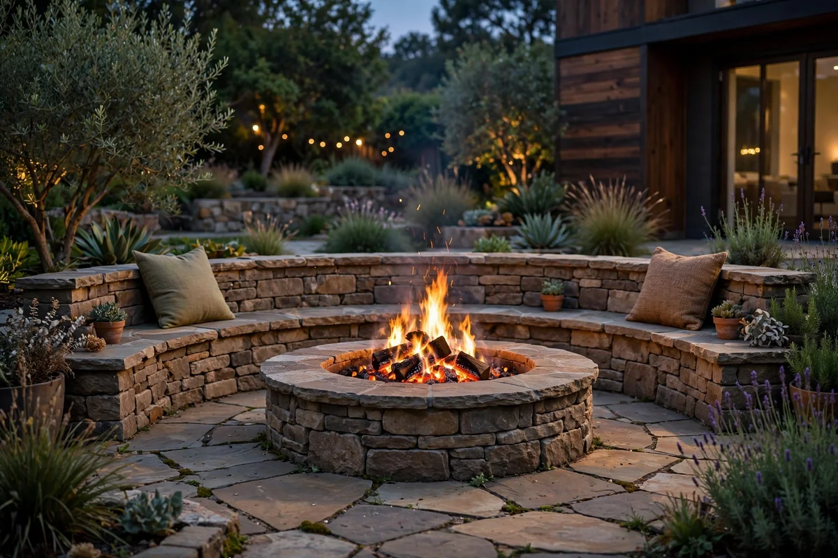 Built-in fire pit with stone seating wall in garden