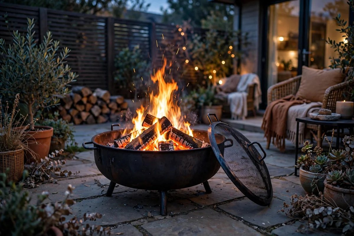 Portable steel fire bowl in garden