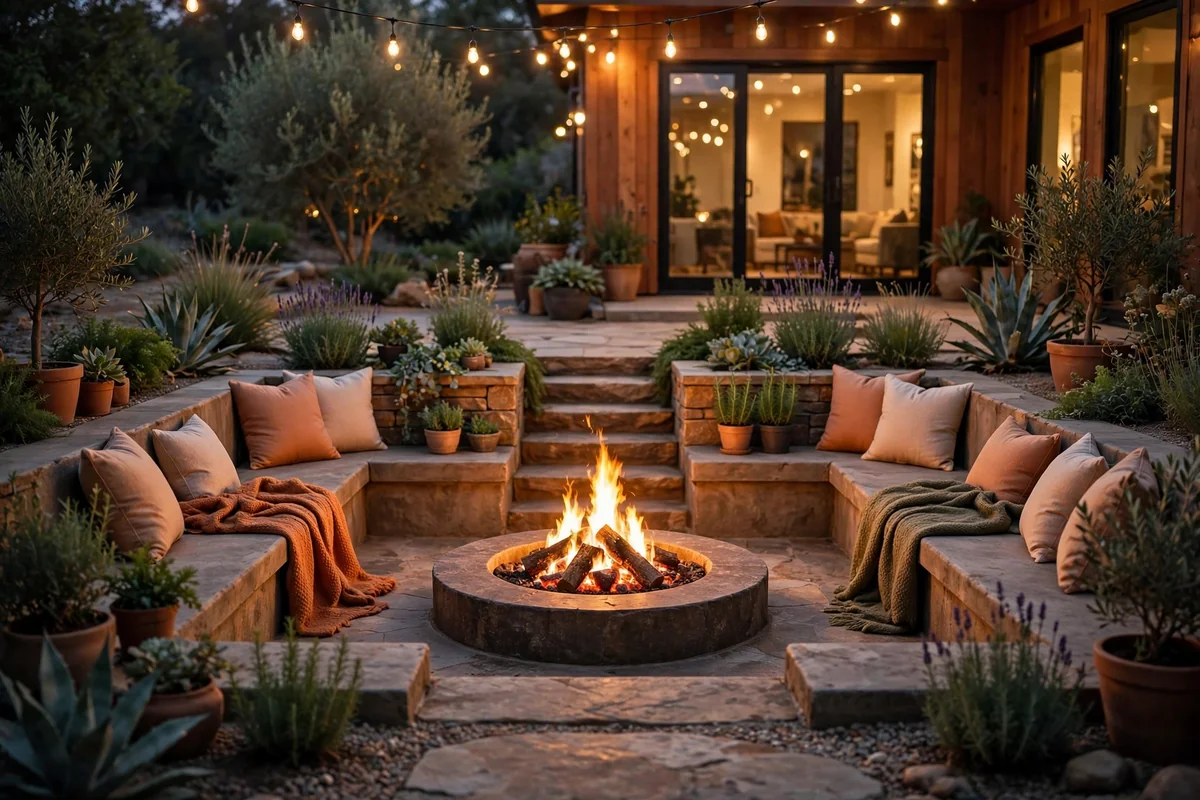 Sunken fire pit lounge in garden