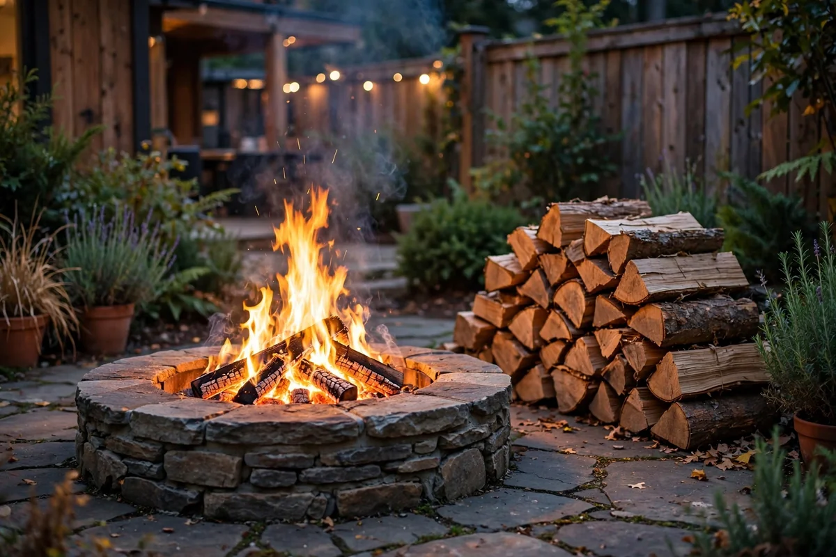 Wood-burning fire pit with stacked firewood