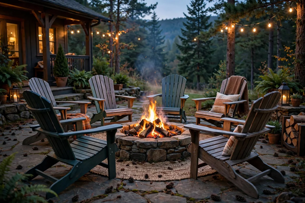 Adirondack chairs around fire pit