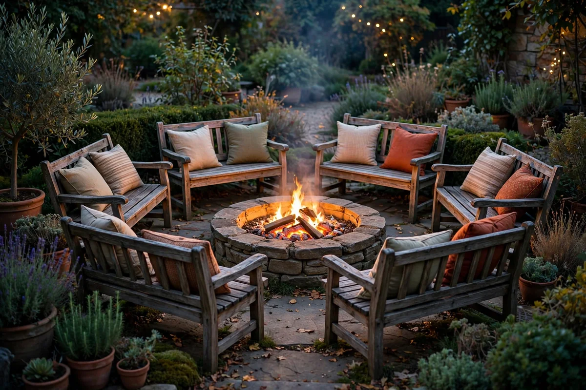 Wooden benches in circle around fire pit