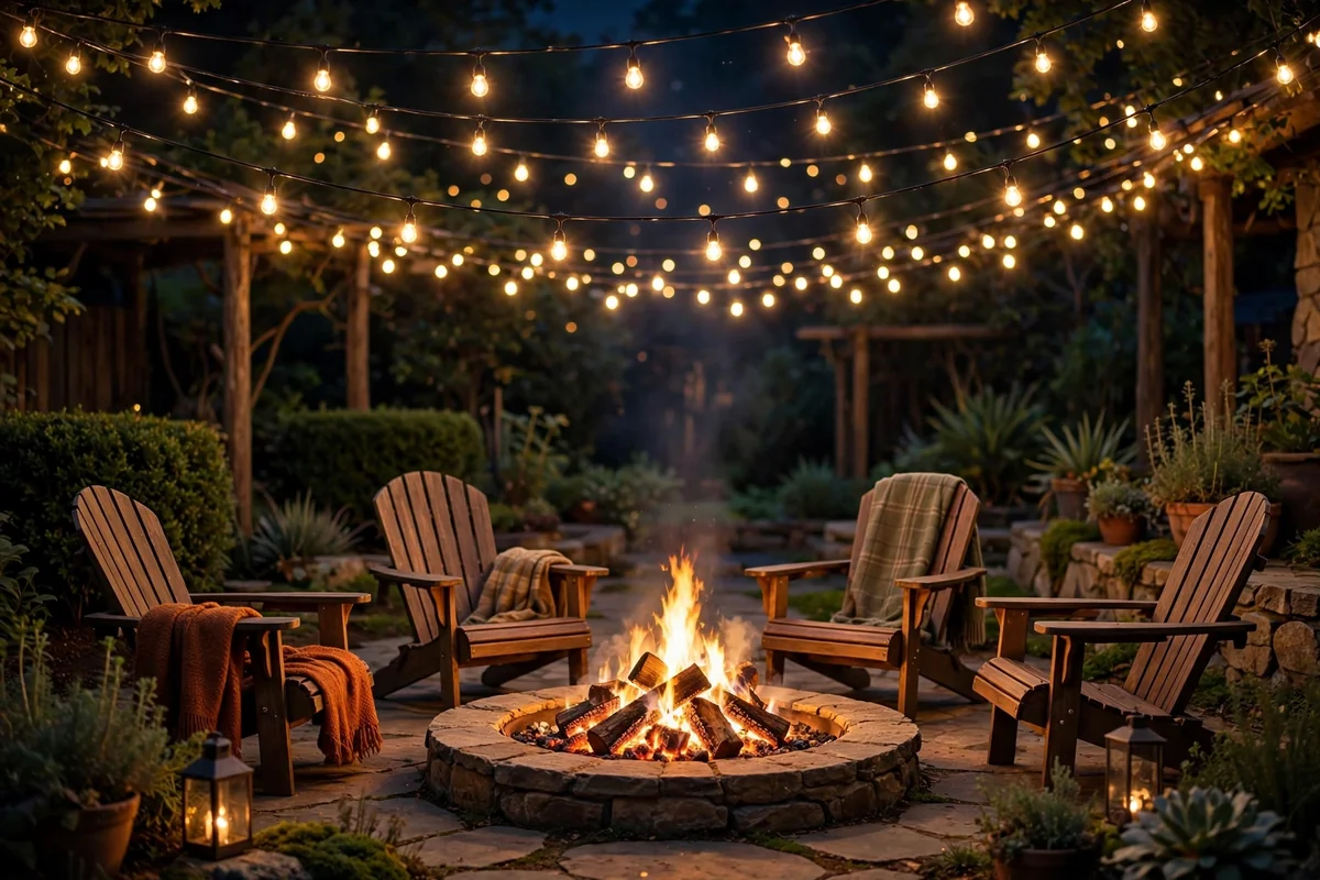 Fire pit area with string lights overhead
