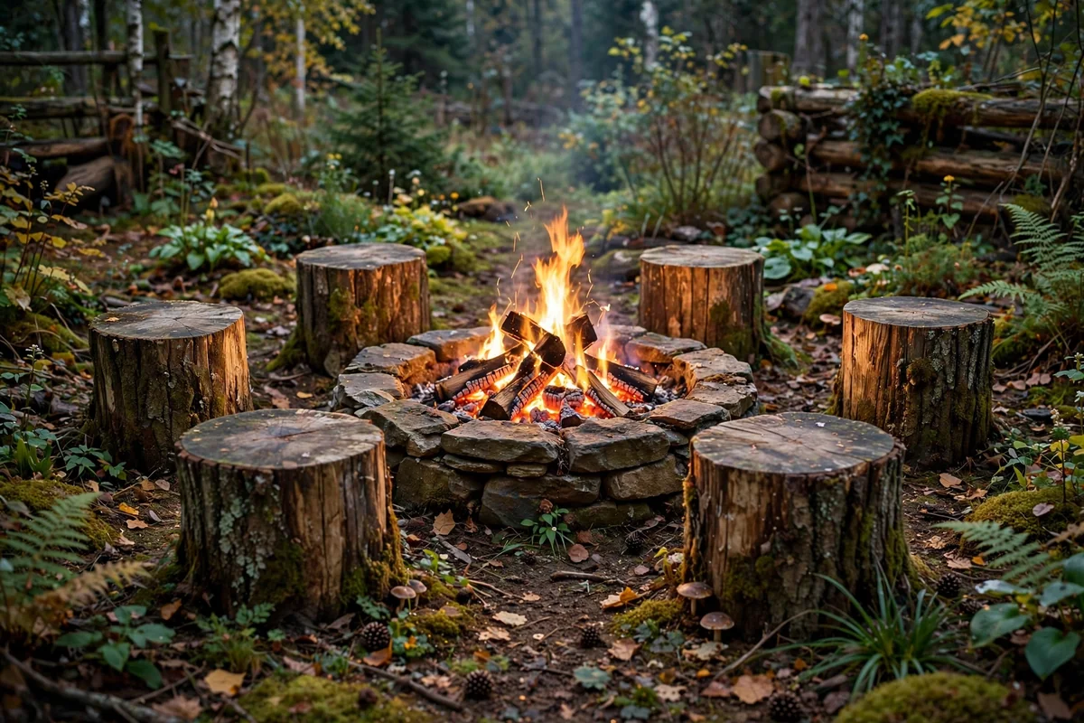 Rustic log stumps as seating around fire pit