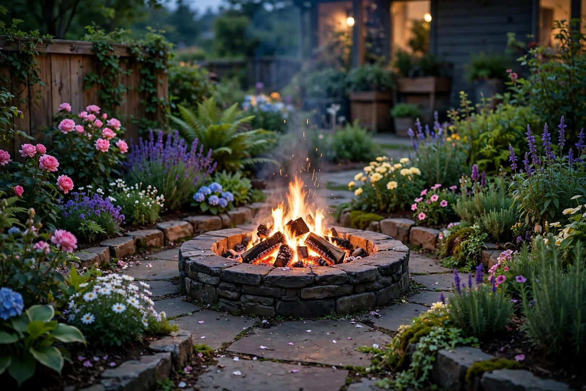 Fire pit near garden beds with flowers