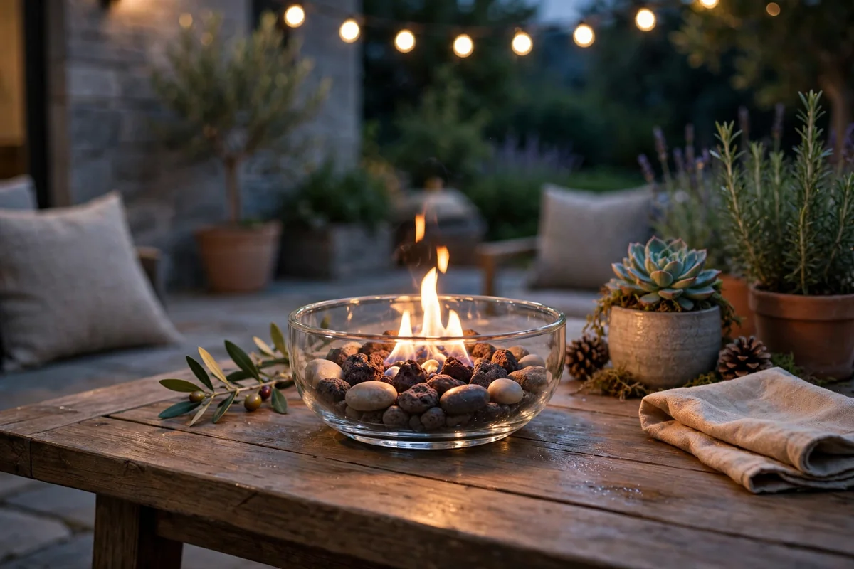 Tabletop fire bowl on outdoor table