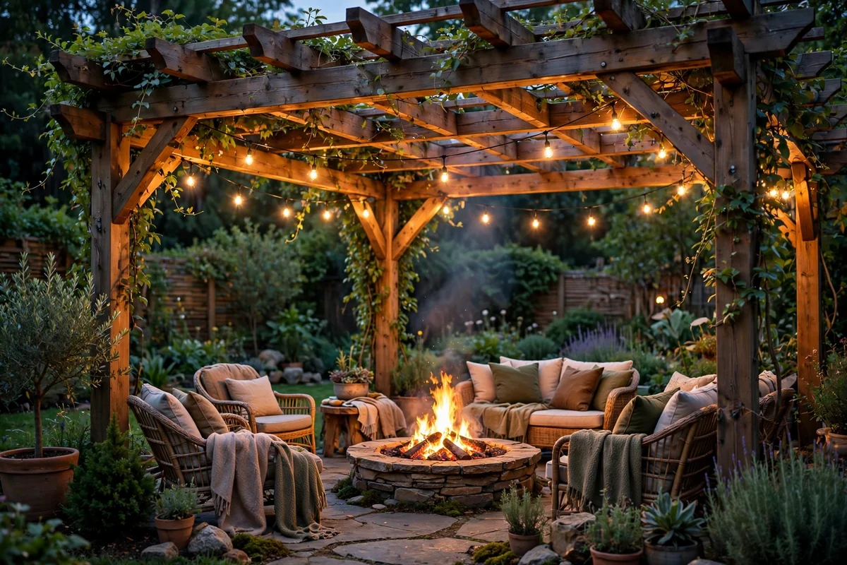 Fire pit under wooden pergola with lights