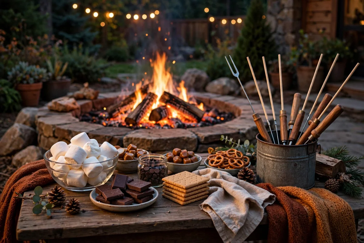 Outdoor snack station table near fire pit