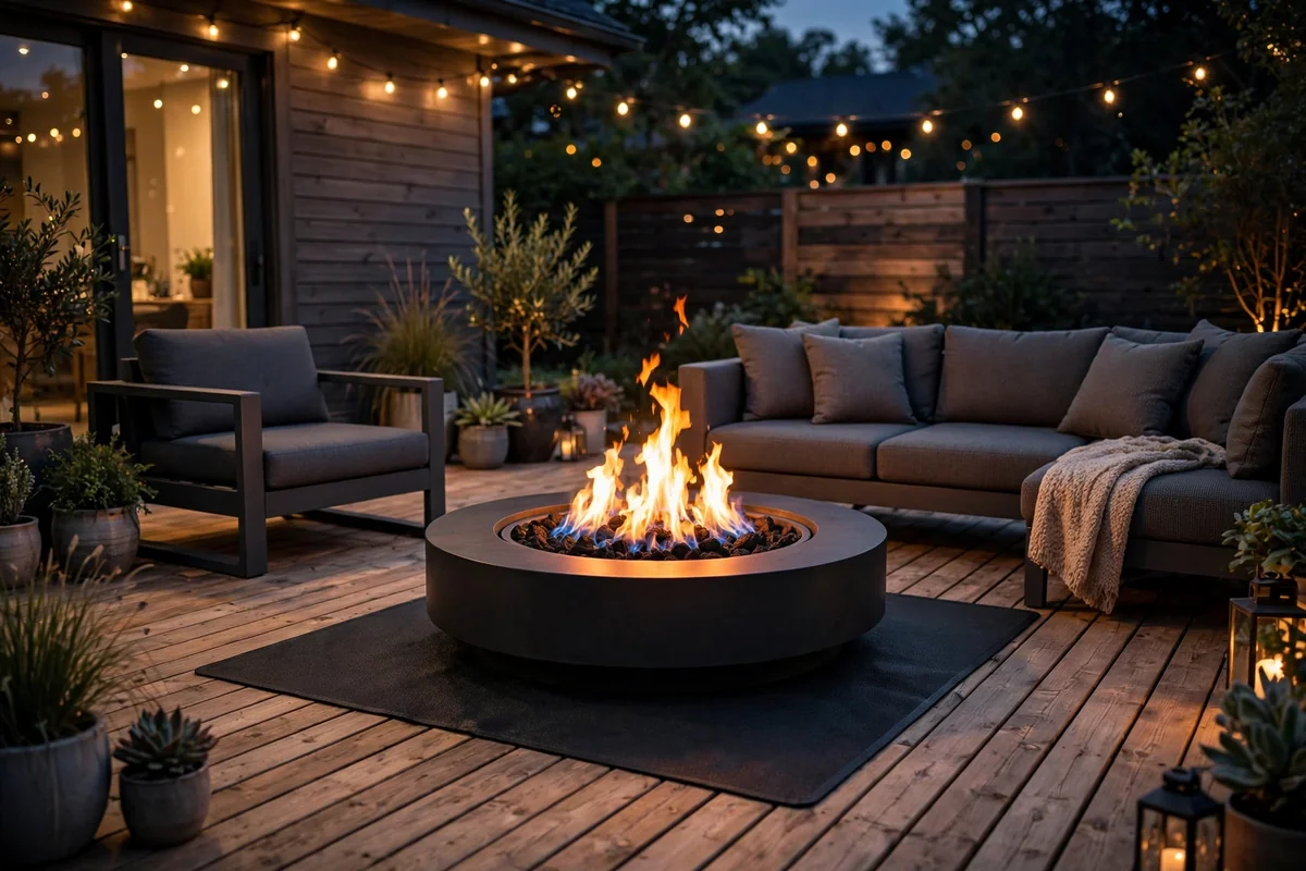 Fire pit on wooden deck with safety mat