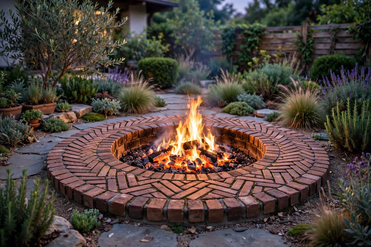 Patterned stone fire pit in garden