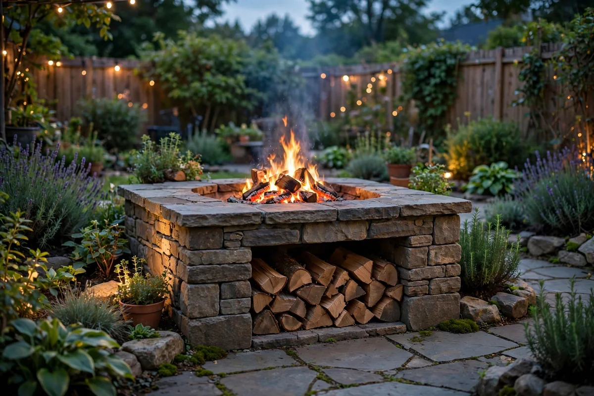 Fire pit with built-in firewood storage