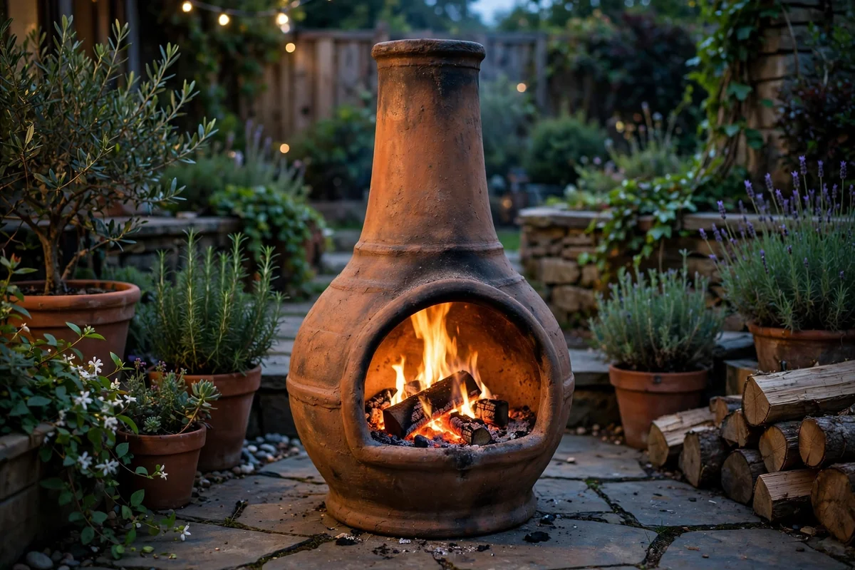 Clay chiminea fireplace in garden