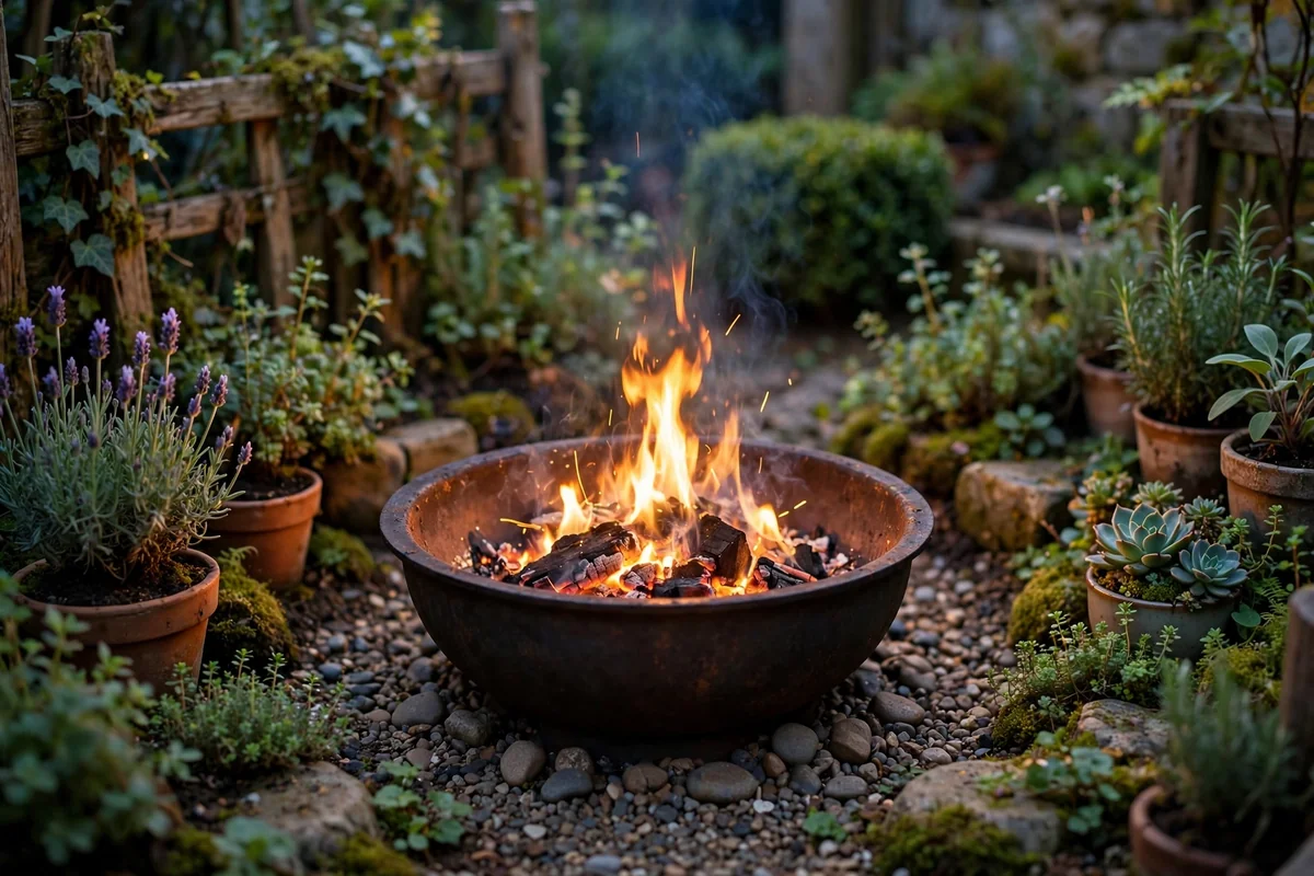 Small garden with compact fire pit
