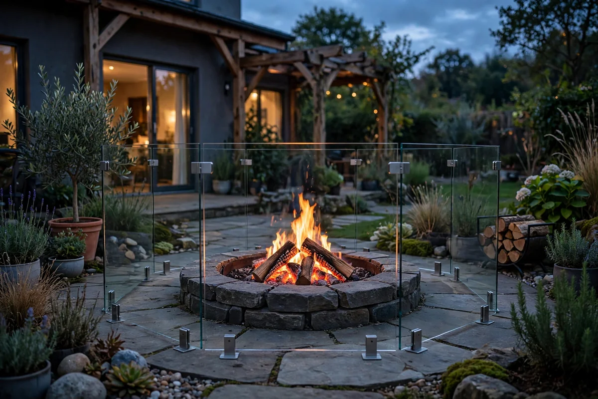 Fire pit with wind protection screens in garden