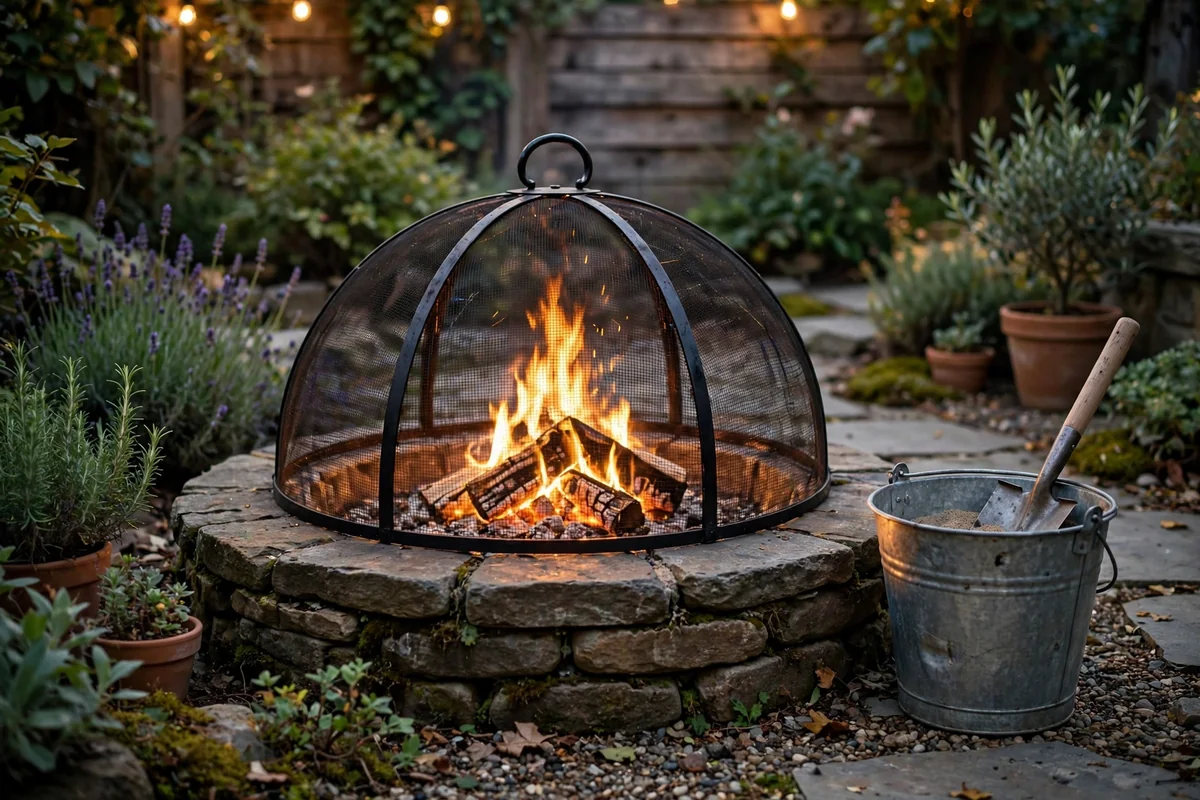 Fire pit safety equipment in garden