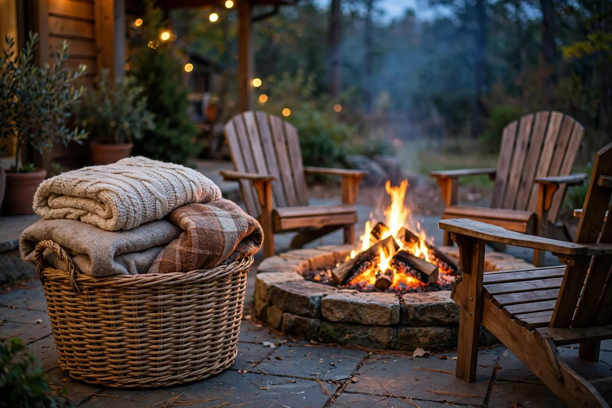 Cozy blankets and cushions around fire pit