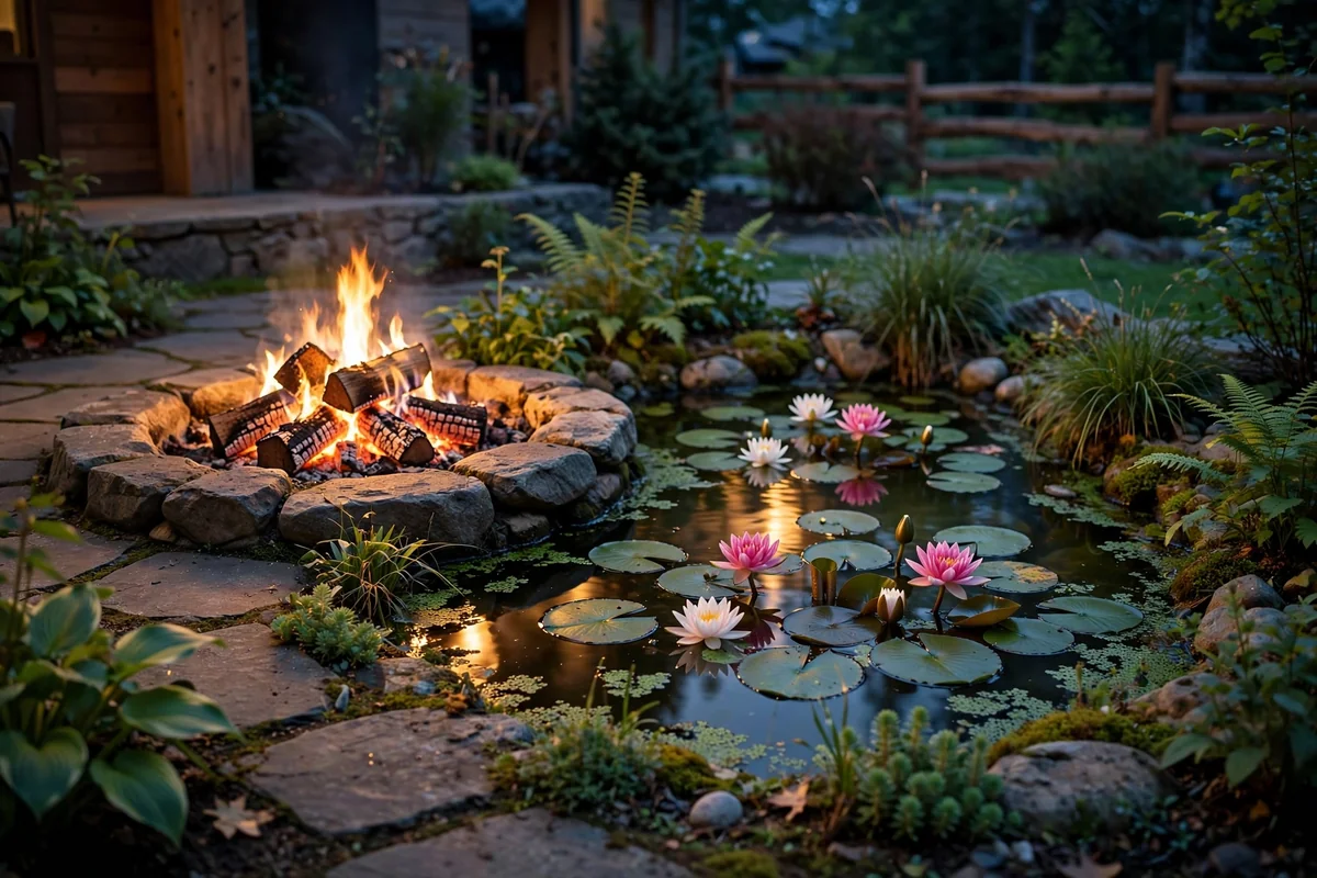 Fire pit near small garden pond