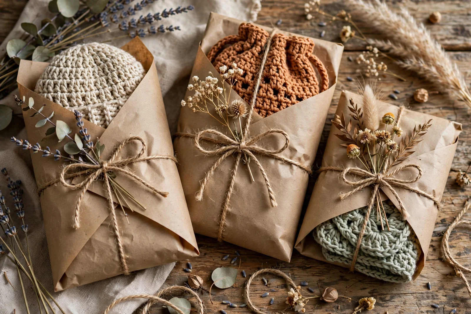 Beautifully packaged crochet items with kraft paper and twine