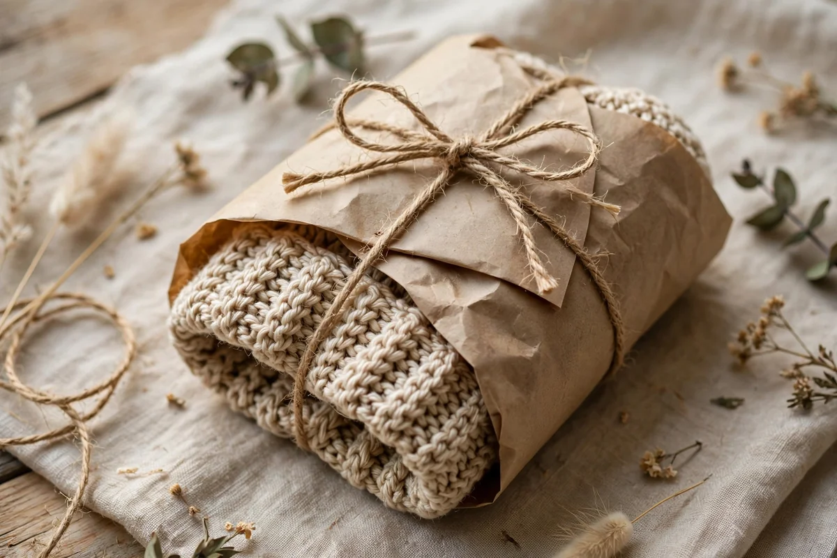 Crochet item wrapped in kraft paper with twine