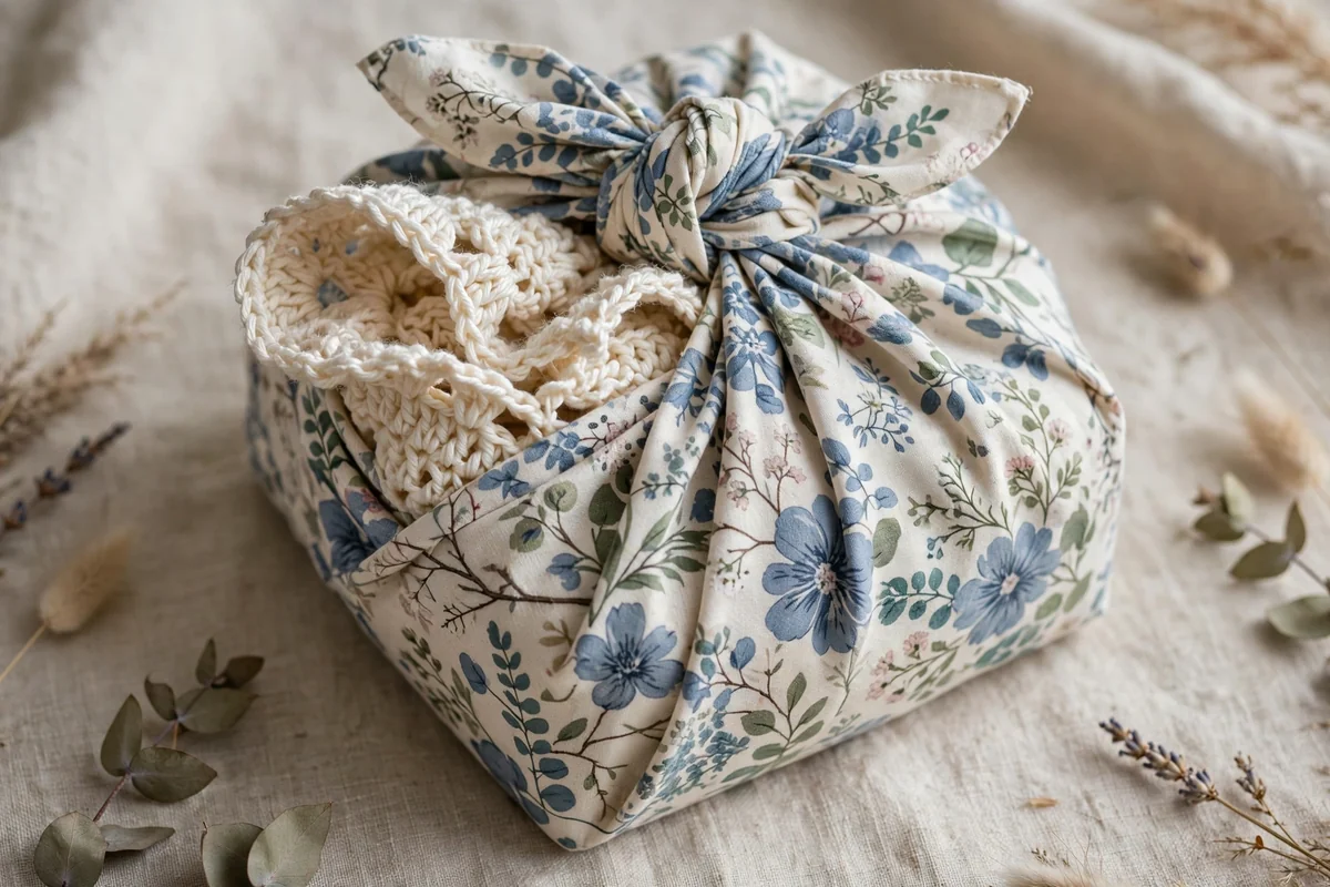 Crochet gift wrapped in fabric furoshiki style