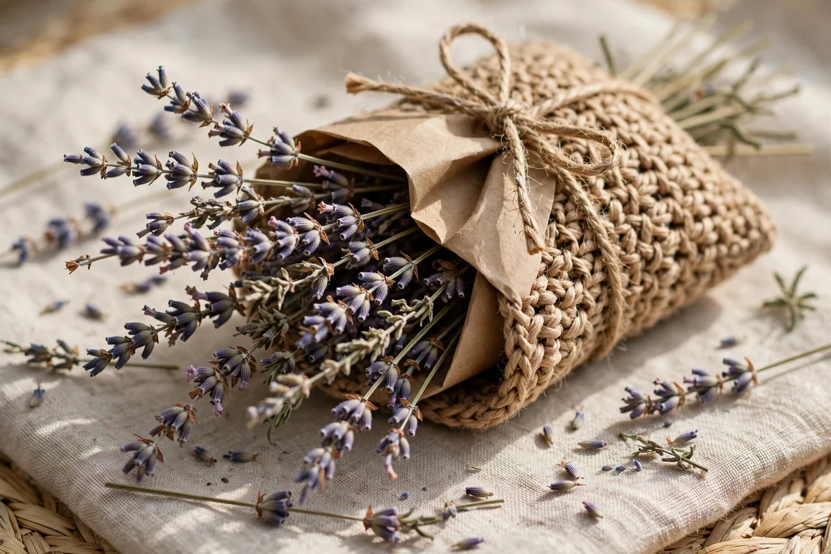 Dried flowers tucked into crochet packaging