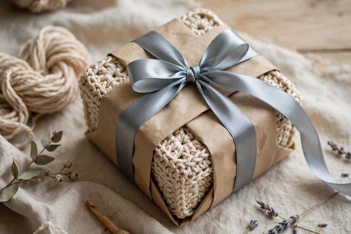 Crochet package tied with satin ribbon bow