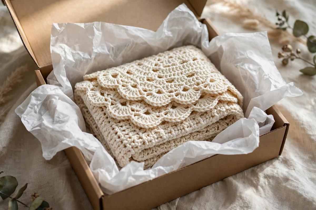 Crochet item nestled in tissue paper layers