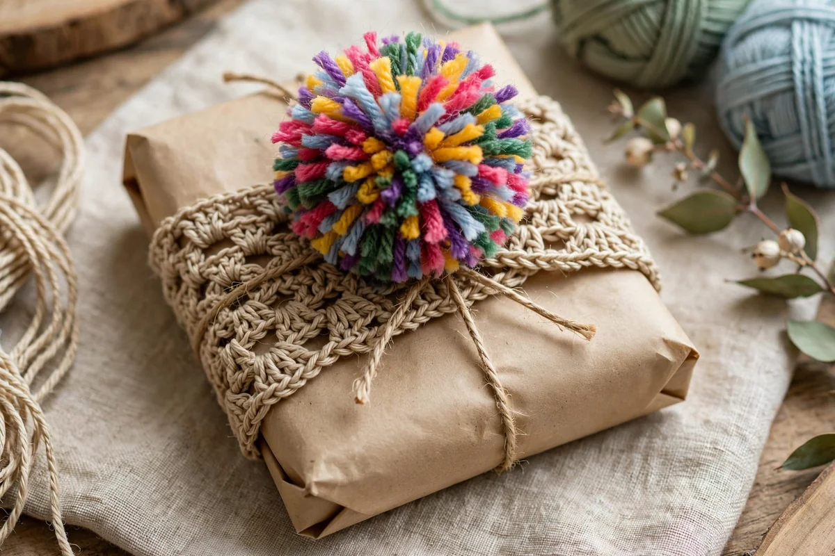 Yarn pom-pom topper on crochet gift package