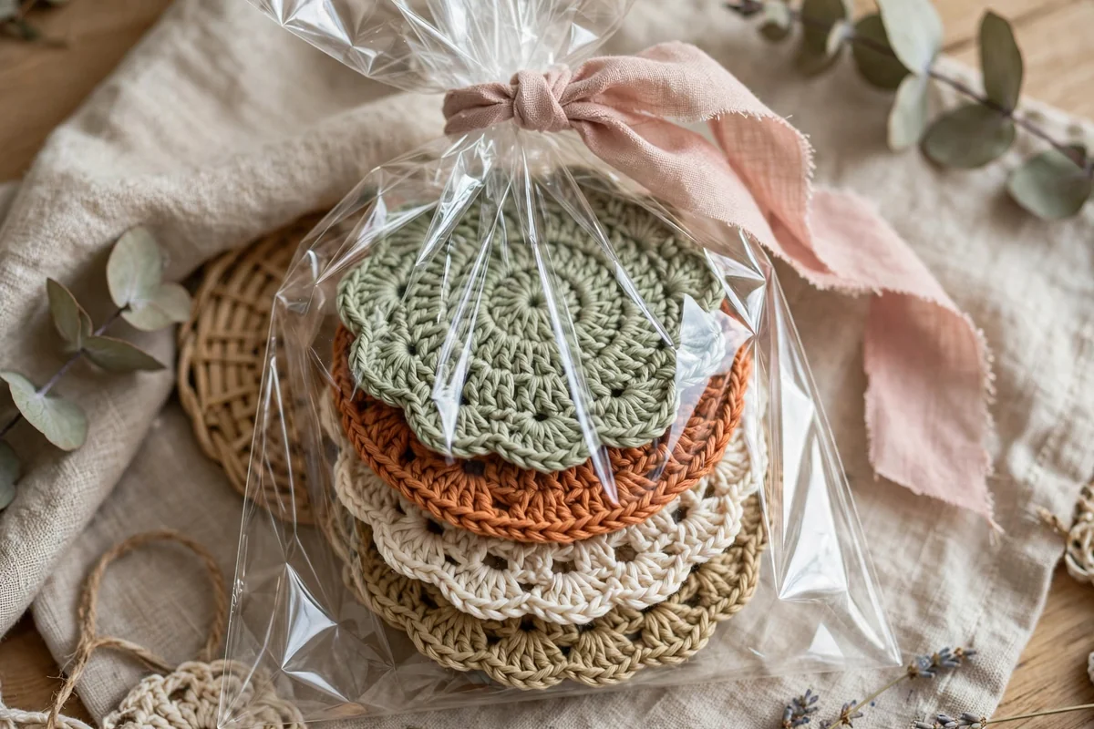 Crochet items in clear cellophane bags with ribbon