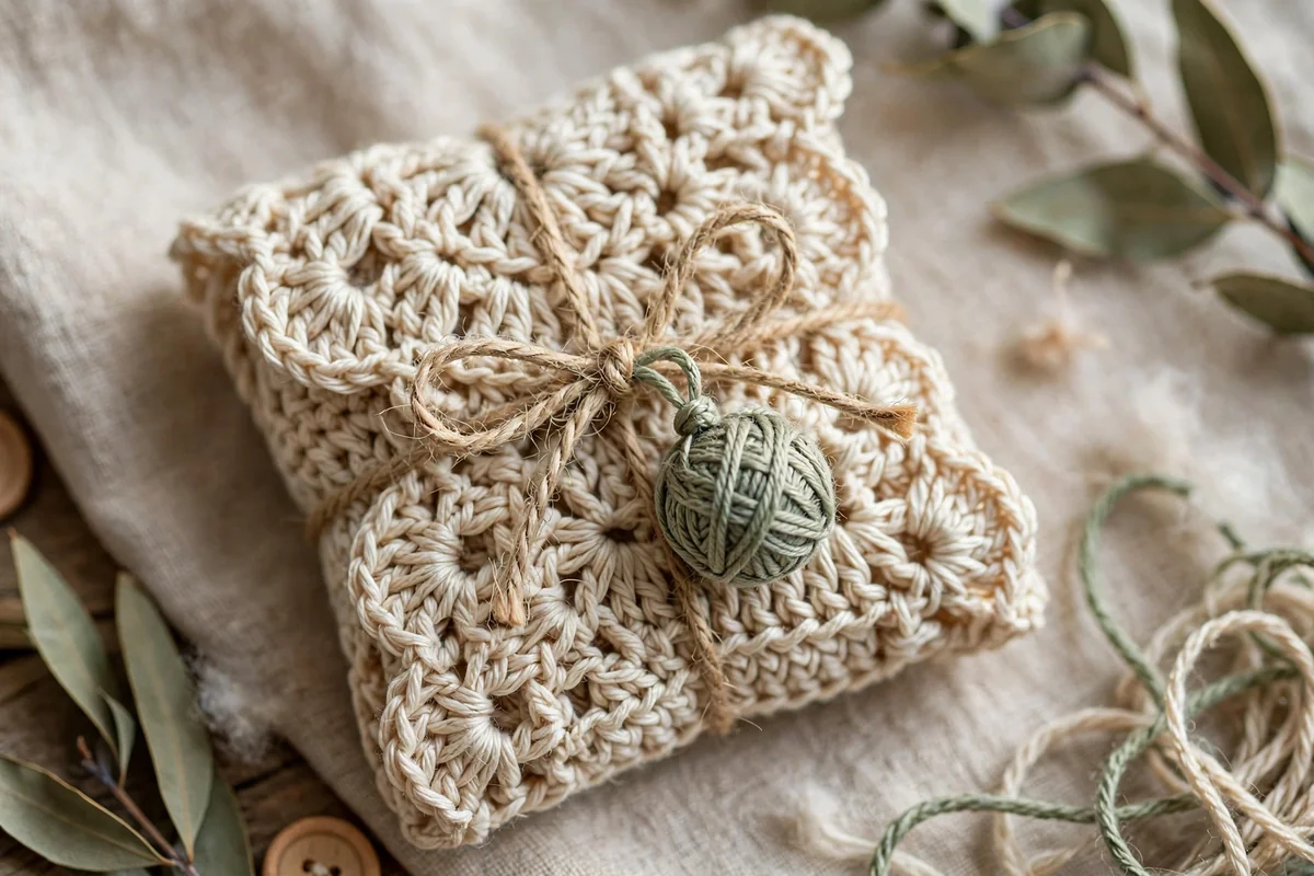 Mini yarn ball charm on crochet package