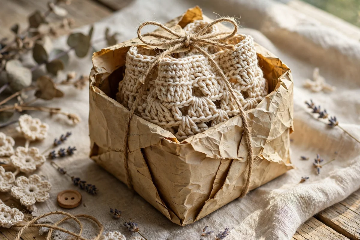 Crochet gift wrapped in recycled newspaper