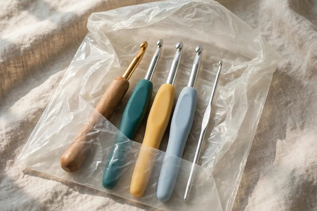 Crochet accessories in glassine envelopes