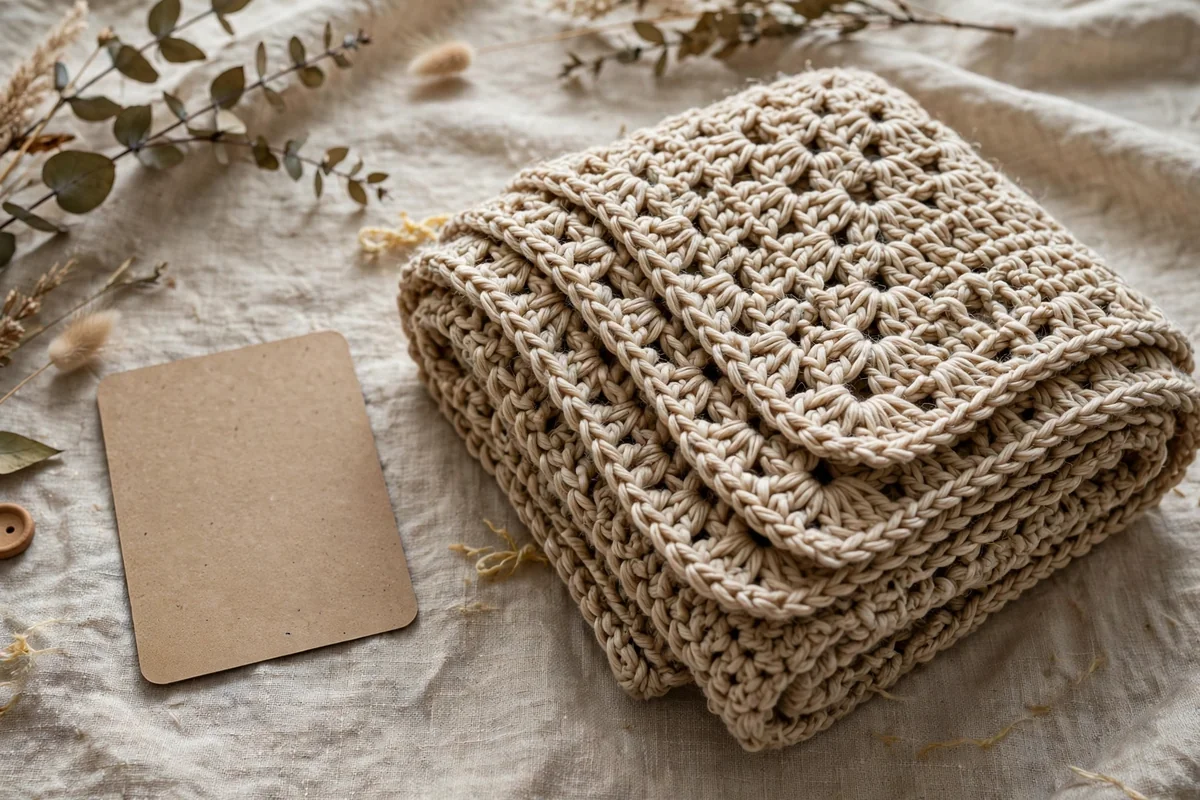 Care instruction card with crochet blanket