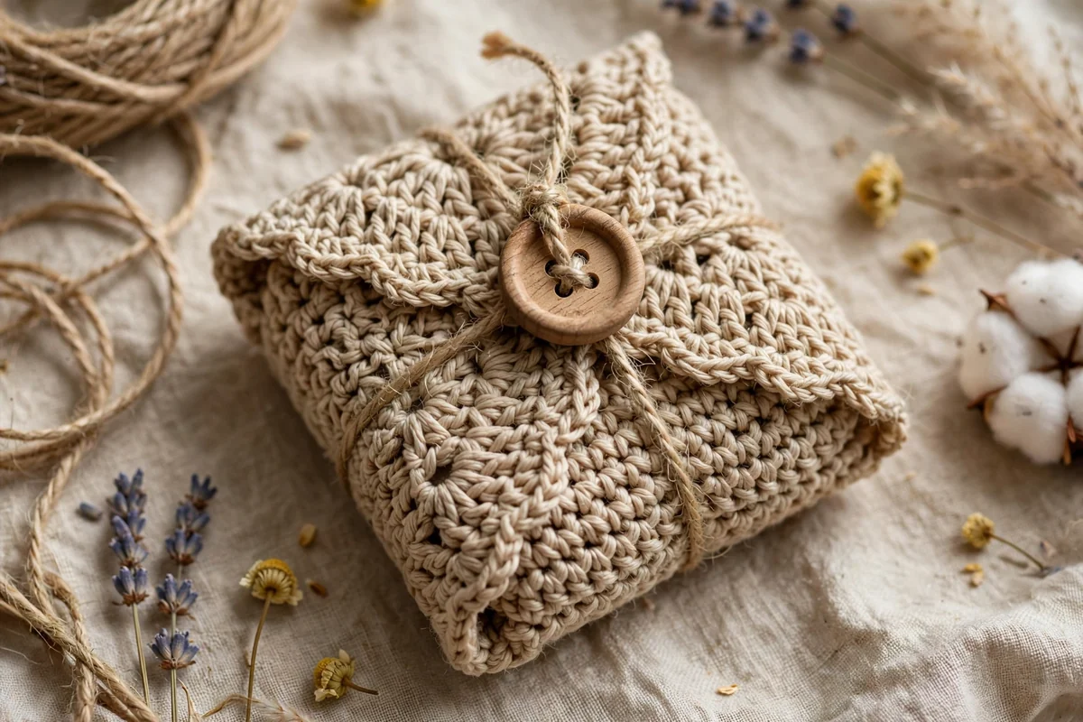 Wooden button tied with twine on package