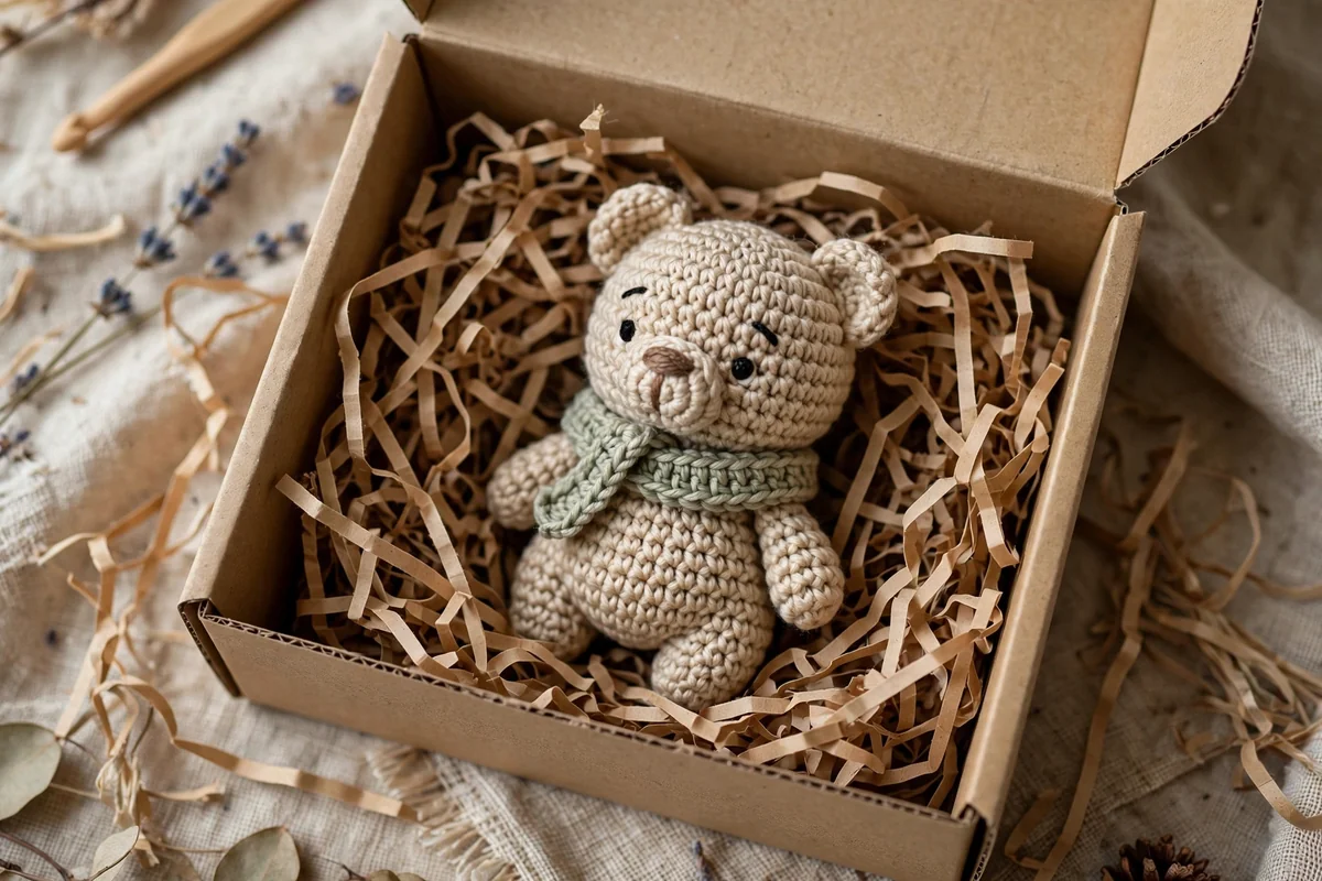 Crochet gift in box with shredded paper fill