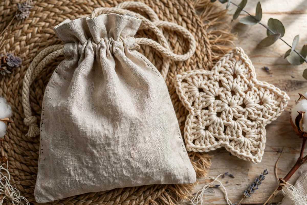 Handmade fabric drawstring pouch with crochet item