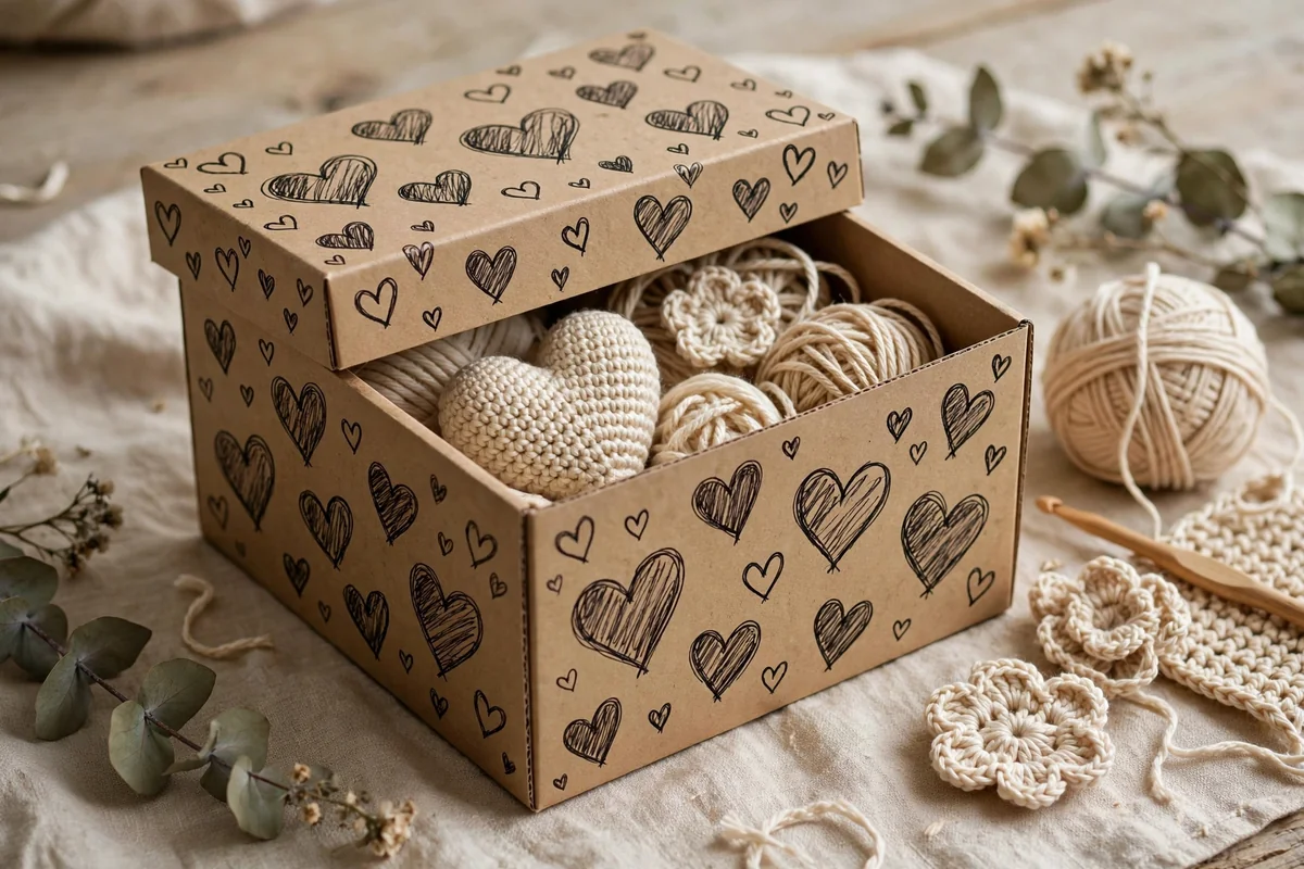 Hand-drawn doodles on crochet packaging