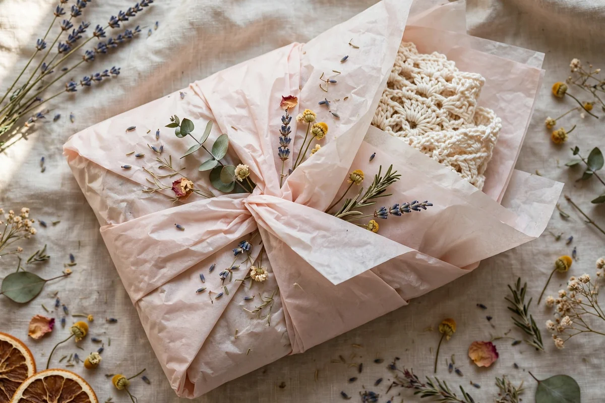 Scented tissue paper wrapping crochet gift