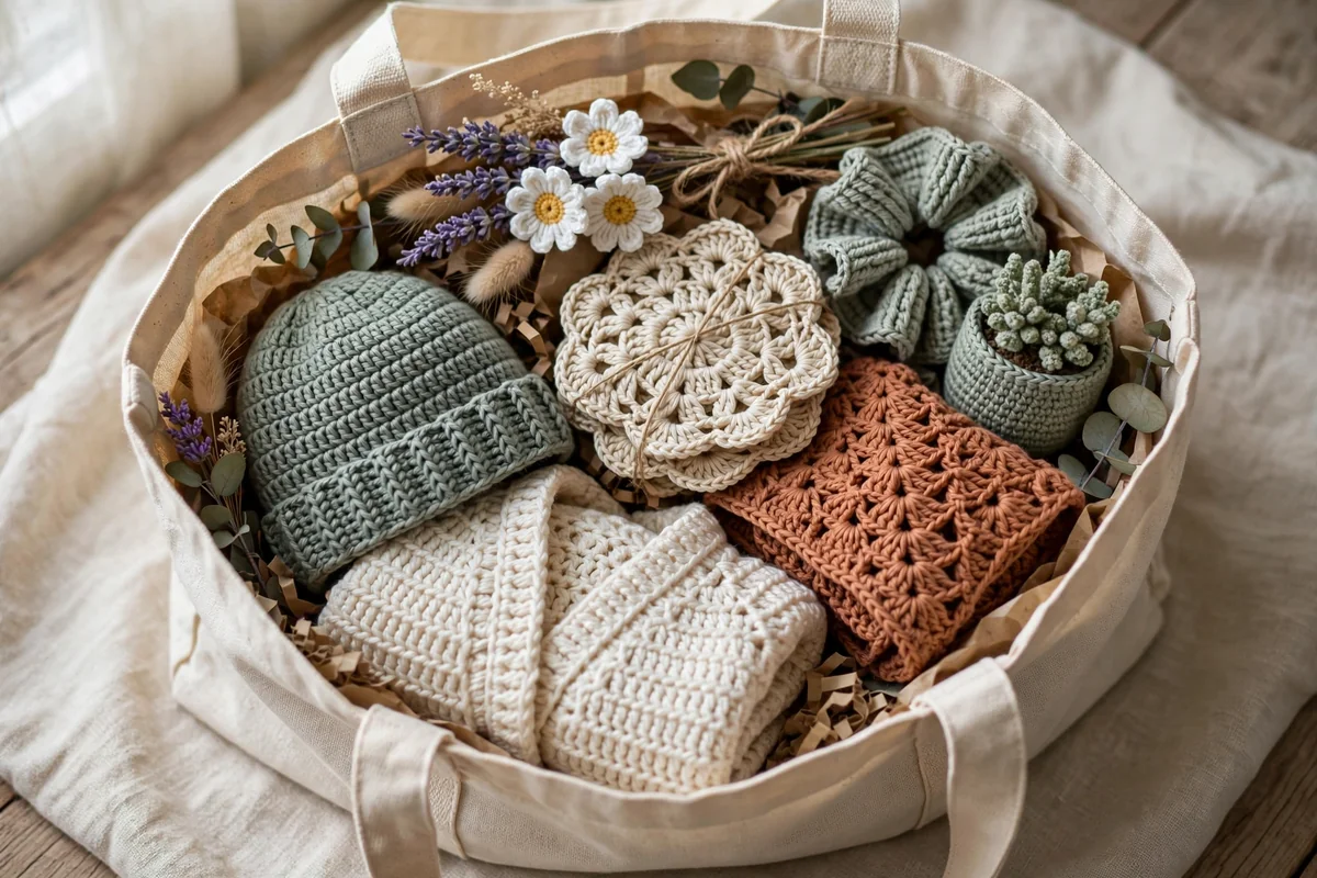 Crochet order packed in reusable tote bag