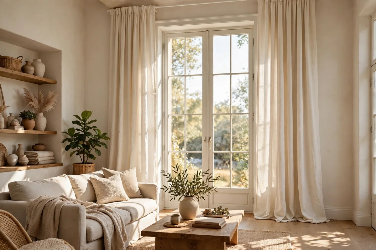 Sunlit living room with cream curtains hung high on a brass rod above a tall window frame