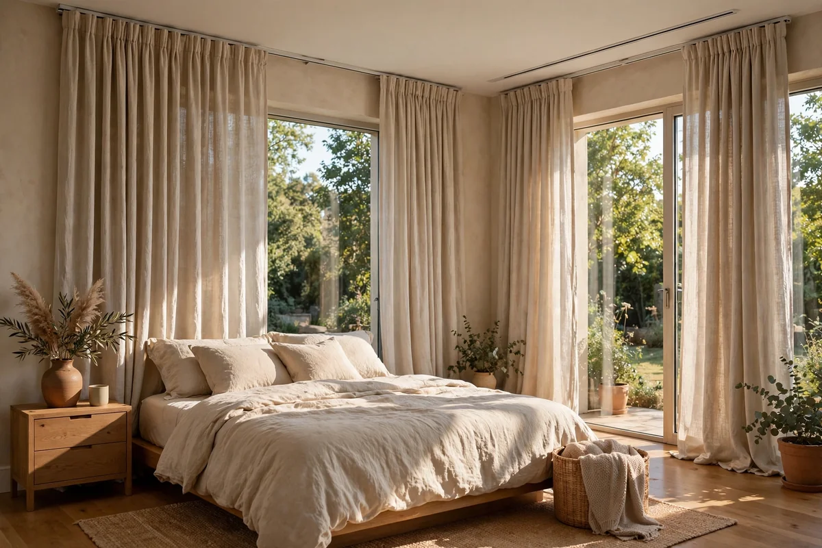Bedroom with floor-length linen curtains on a ceiling-mounted track reaching the full wall height